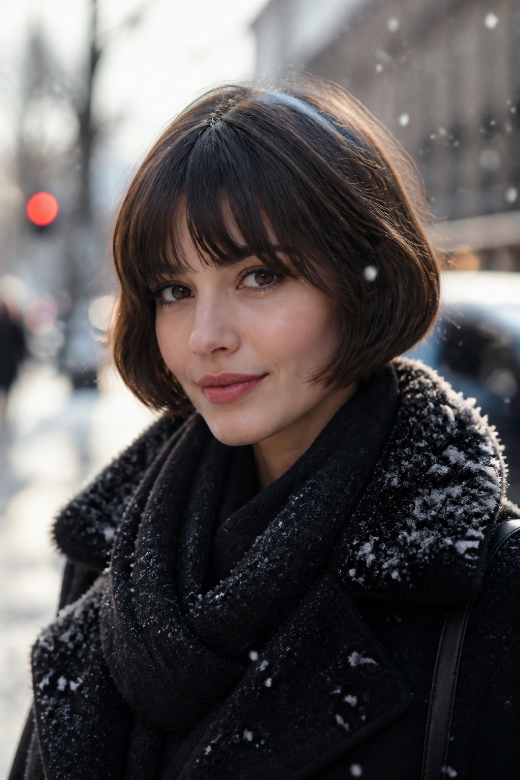 Real person with a French bob and soft fringe in winter light.