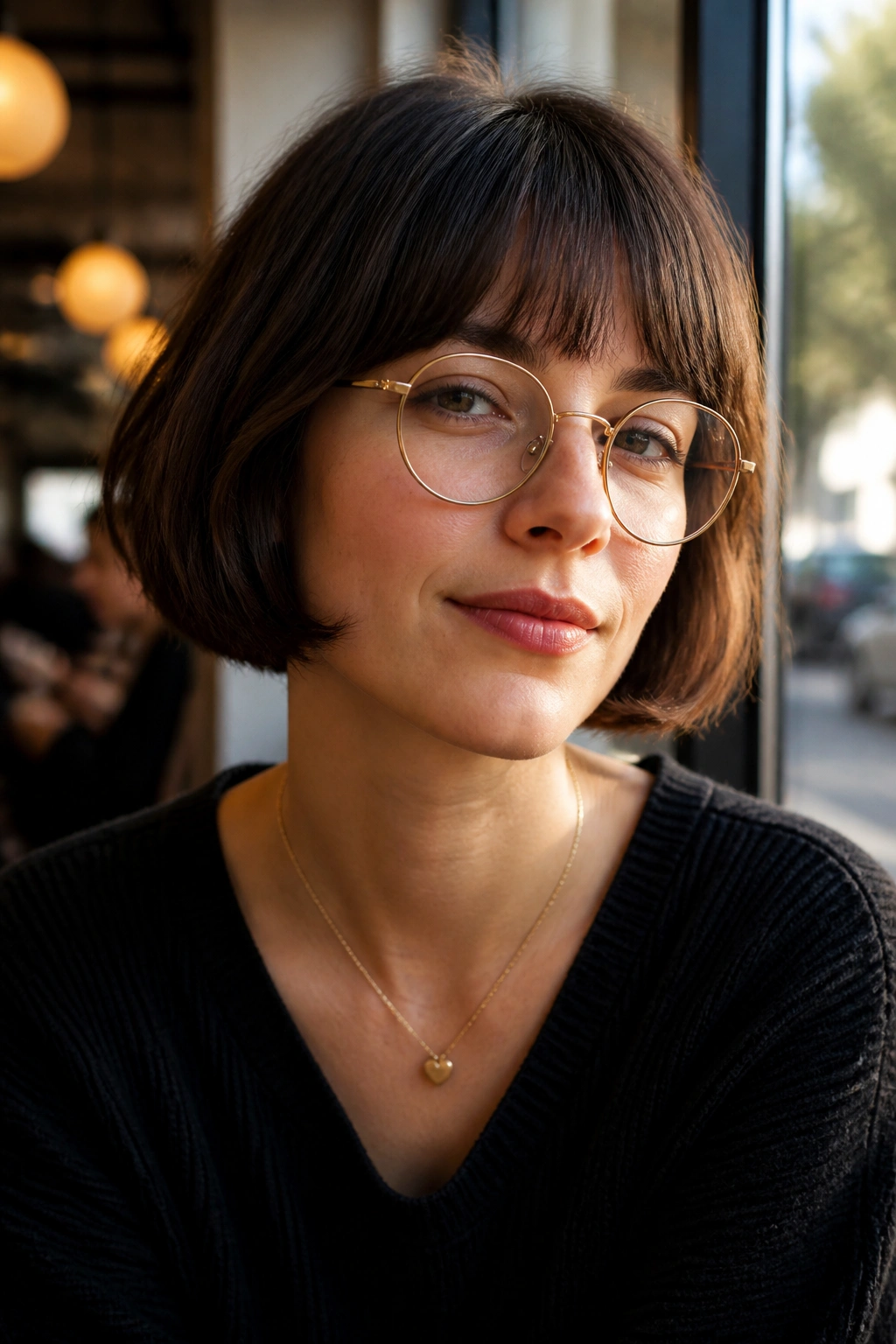 Close-up of a real woman in small round glasses with a jaw-length French bob.