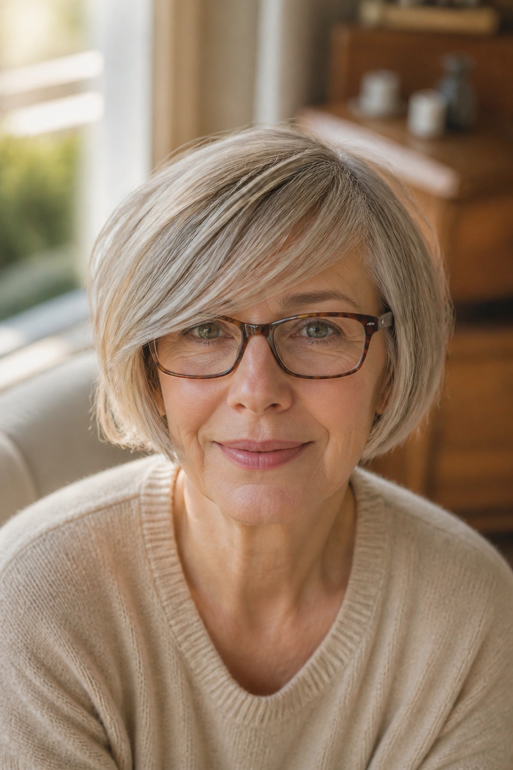 Portrait of a real woman wearing glasses with a French bob and side-swept fringe