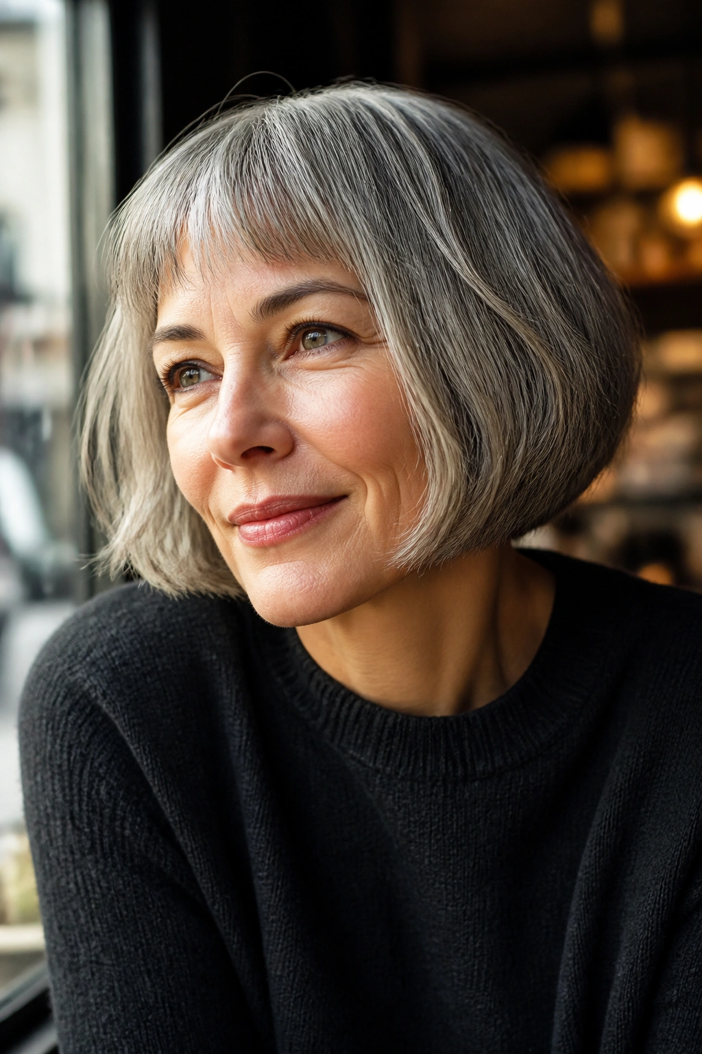 Close-up portrait of a woman with a jaw-length grey bob in a sunlit cafe