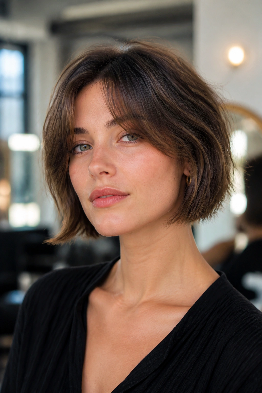 Portrait of a woman with a French bob grow-out and curtain bangs in a salon