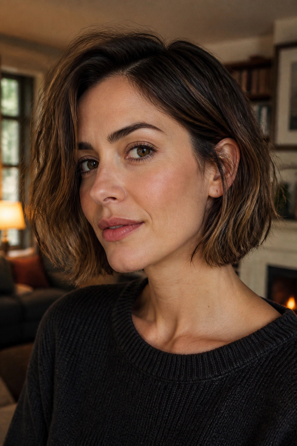 Close-up of a real woman with a French bob with grown-out ends