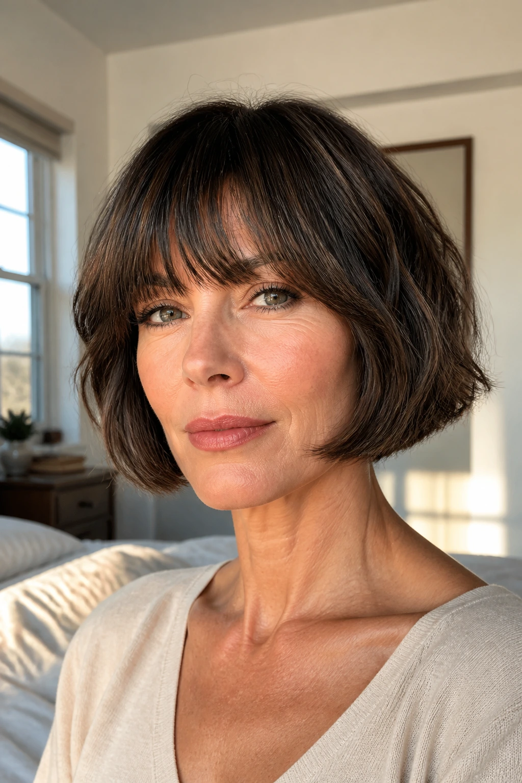 Close-up portrait of a real woman with jaw-length French bob and fringe in warm window light