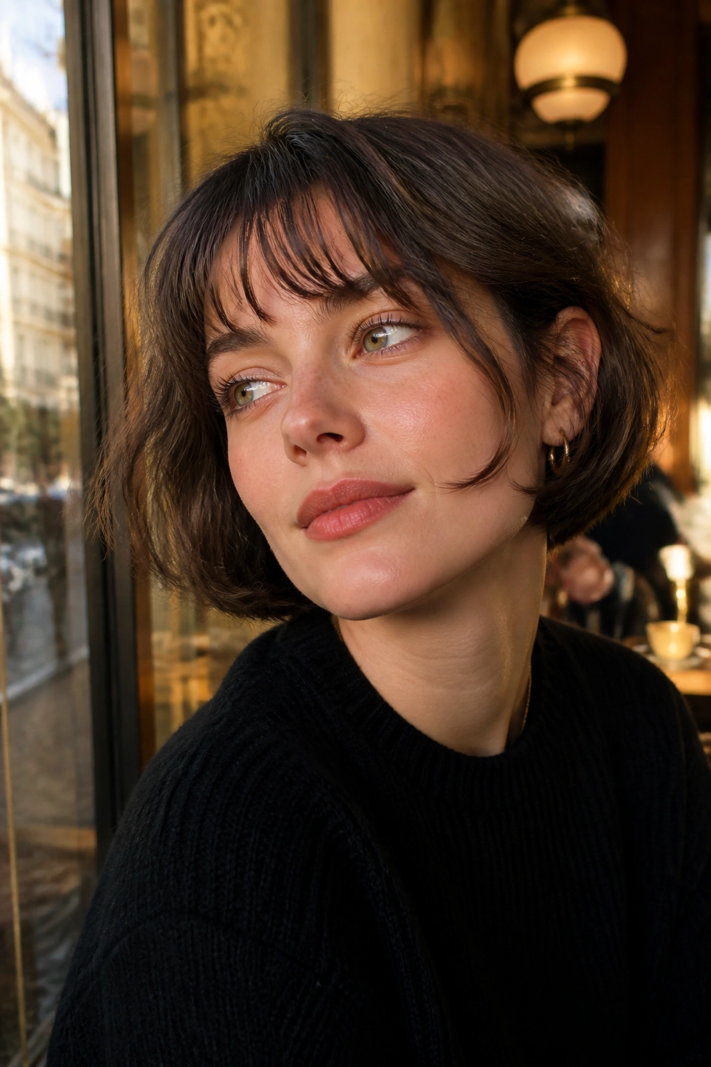 Real woman with airy French bob in warm cafe light.