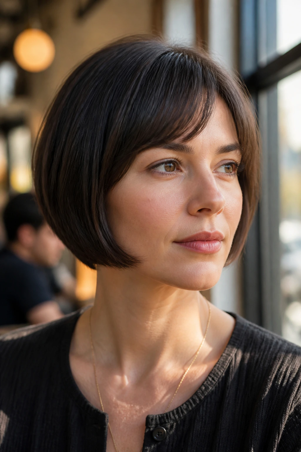 Close-up portrait of a real woman with a crisp chin-length French bob