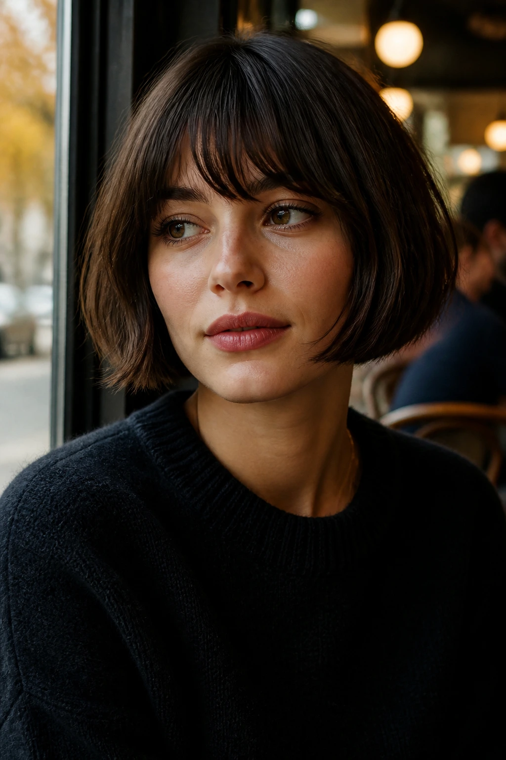 Real woman with textured French bob in warm cafe light