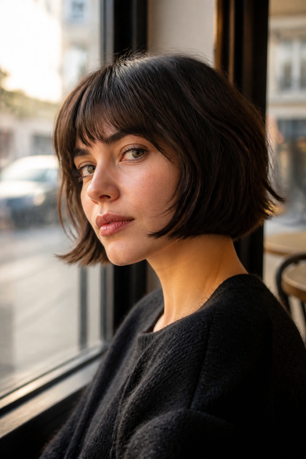 Portrait of a woman with a jaw-length French bob hairstyle in a cafe setting