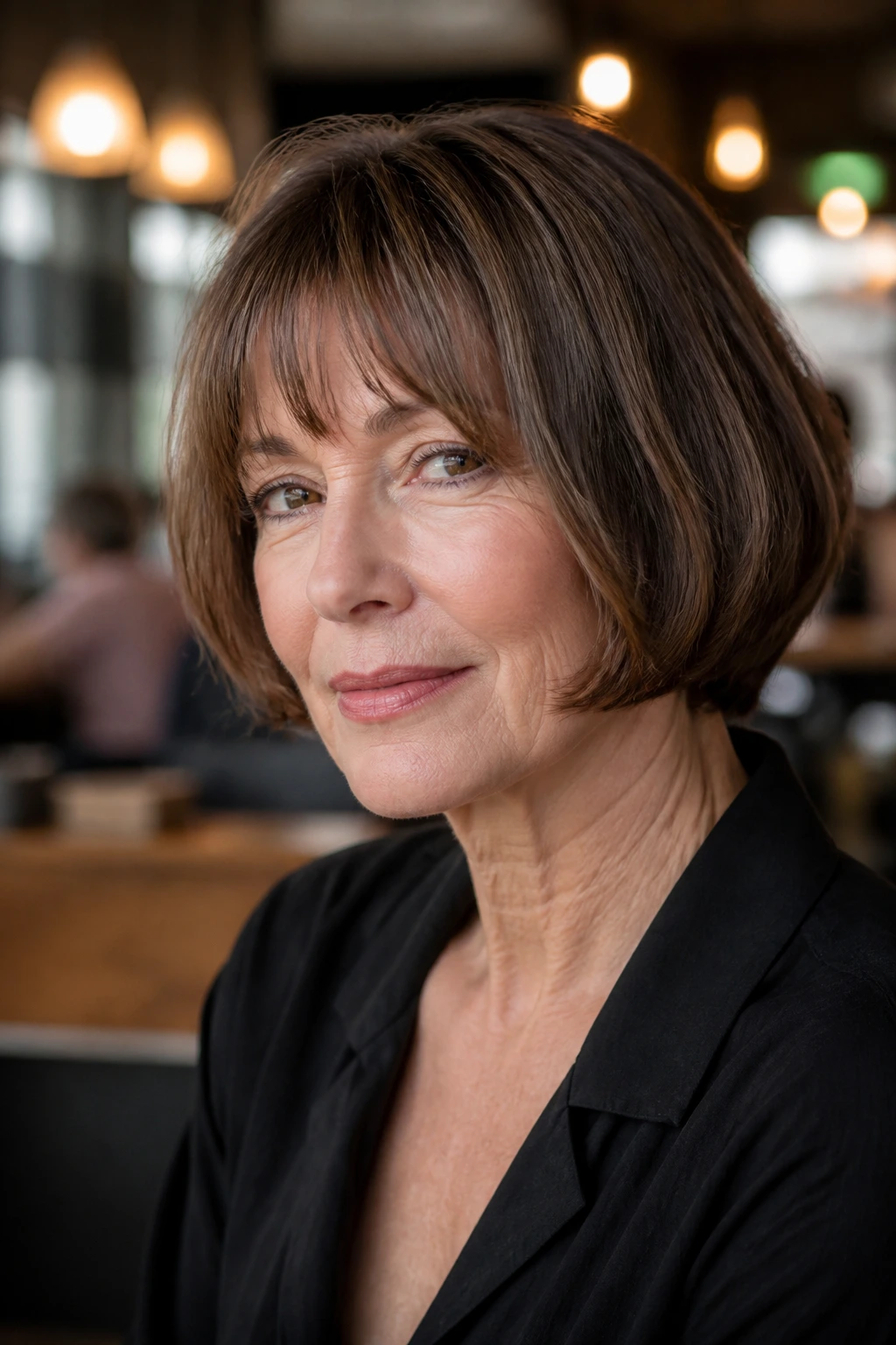 Close-up portrait of a real woman with a high French bob framing her face