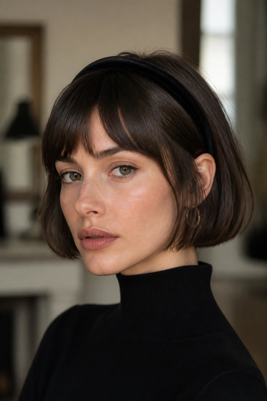 Close-up of a real woman with French bob and headband