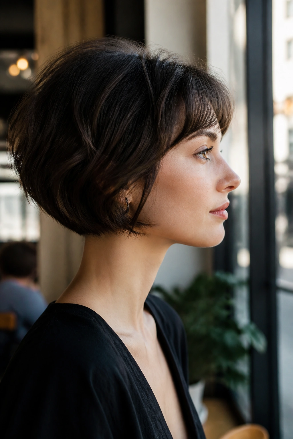 Profile portrait of a real woman with a high-sitting French bob and soft fringe