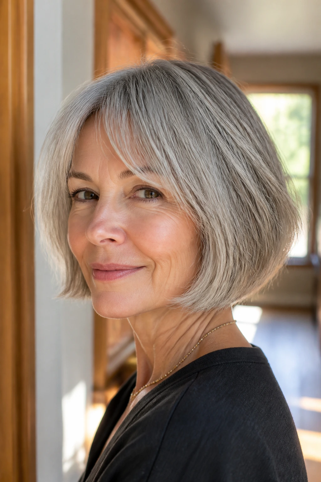Close-up portrait of a real woman with a French bob showing internal texture and movement in sunlit hallway