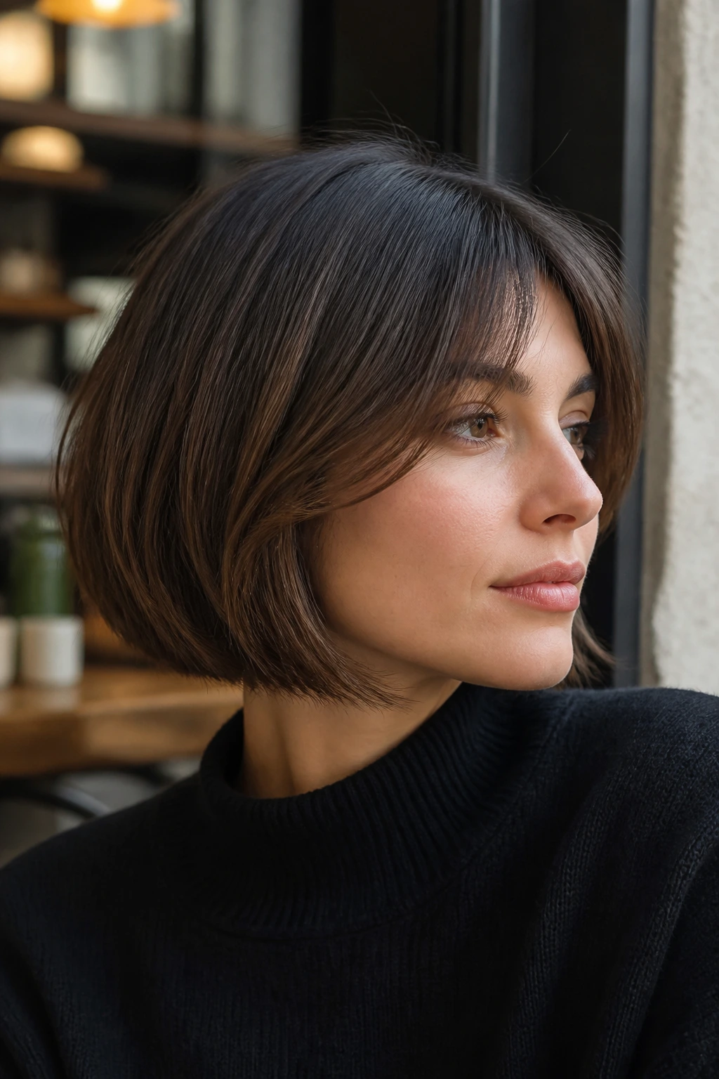 Portrait of a woman with French bob and invisible facial layers.