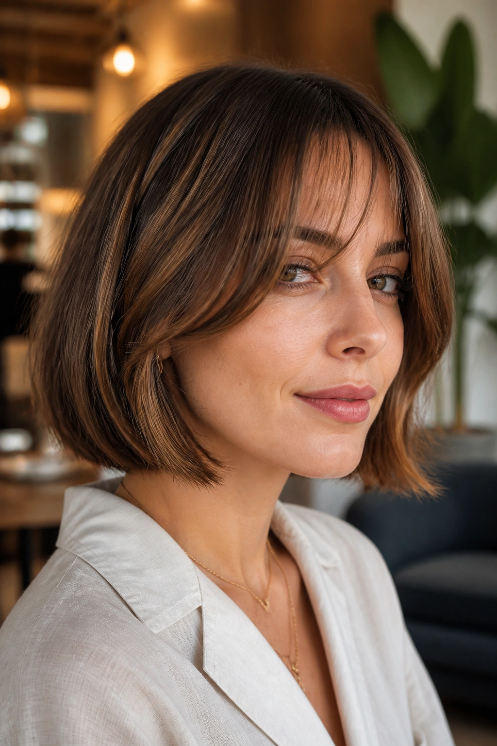 Close-up portrait of a real woman with invisible layers and a floating fringe