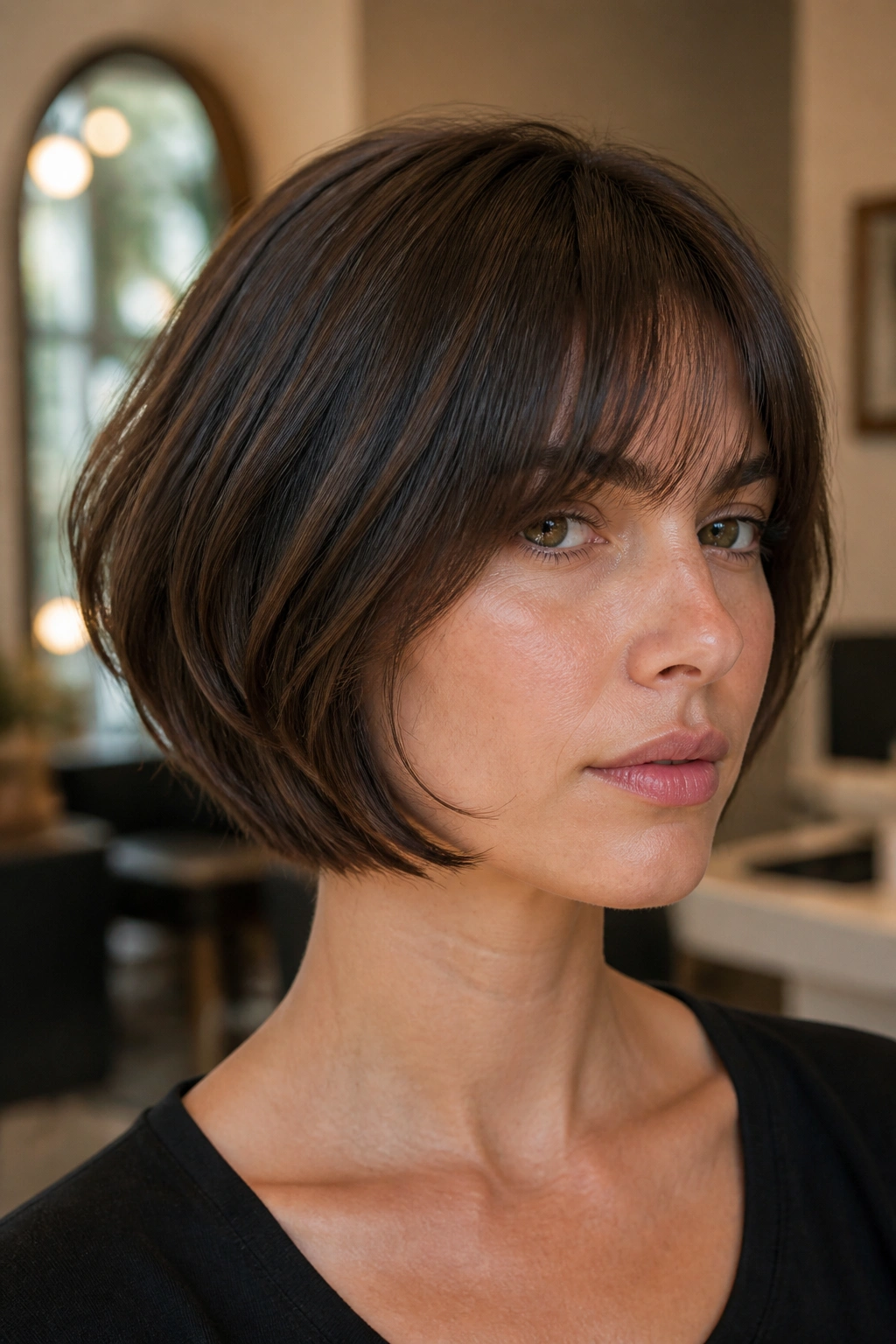 Close-up of a real woman wearing a French Bob with Invisible Layers and a smooth glossy surface