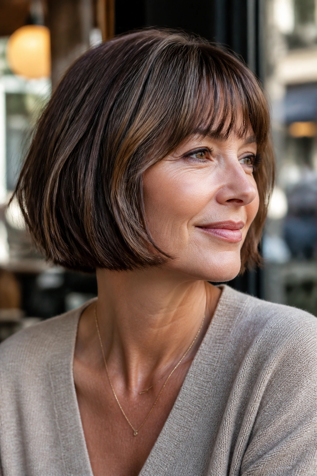 Real woman with jaw-length French bob and soft fringe in window light.