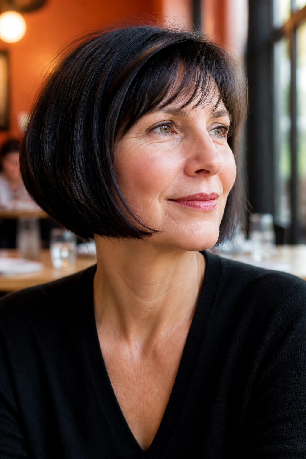 Real woman with jaw-length French bob in warm natural light.