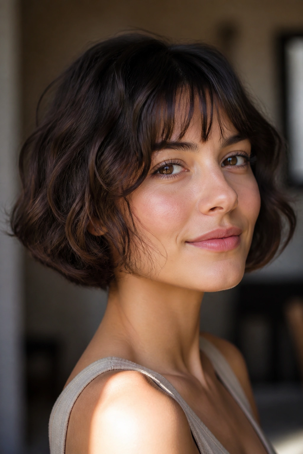 Portrait of a real person with a French bob and light fringe