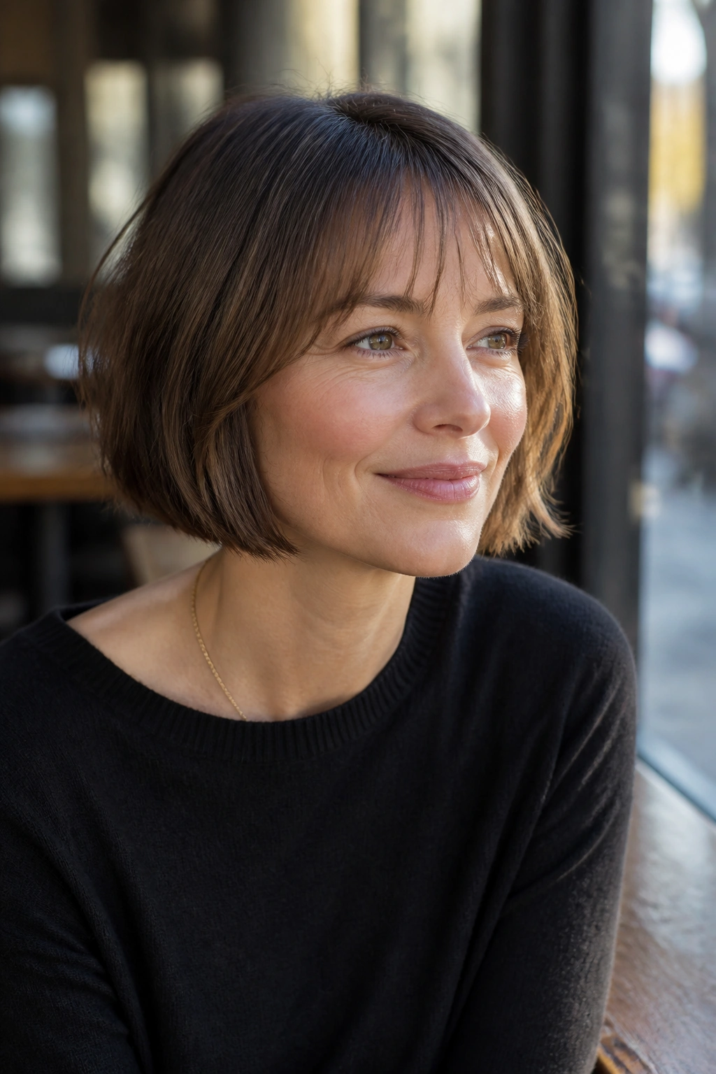Real woman in French bob with light fringe.