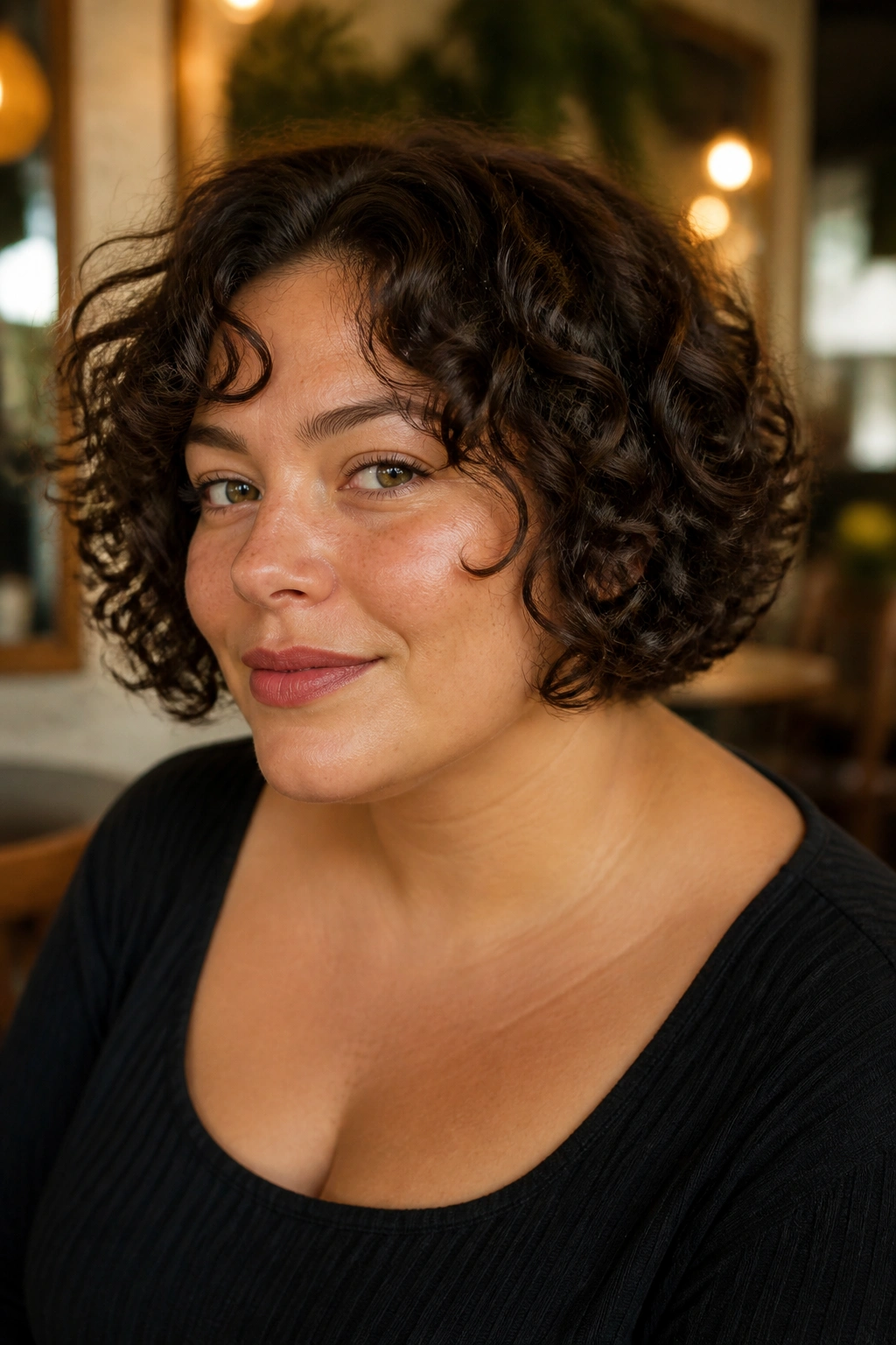Real woman with French bob and loose ringlets.