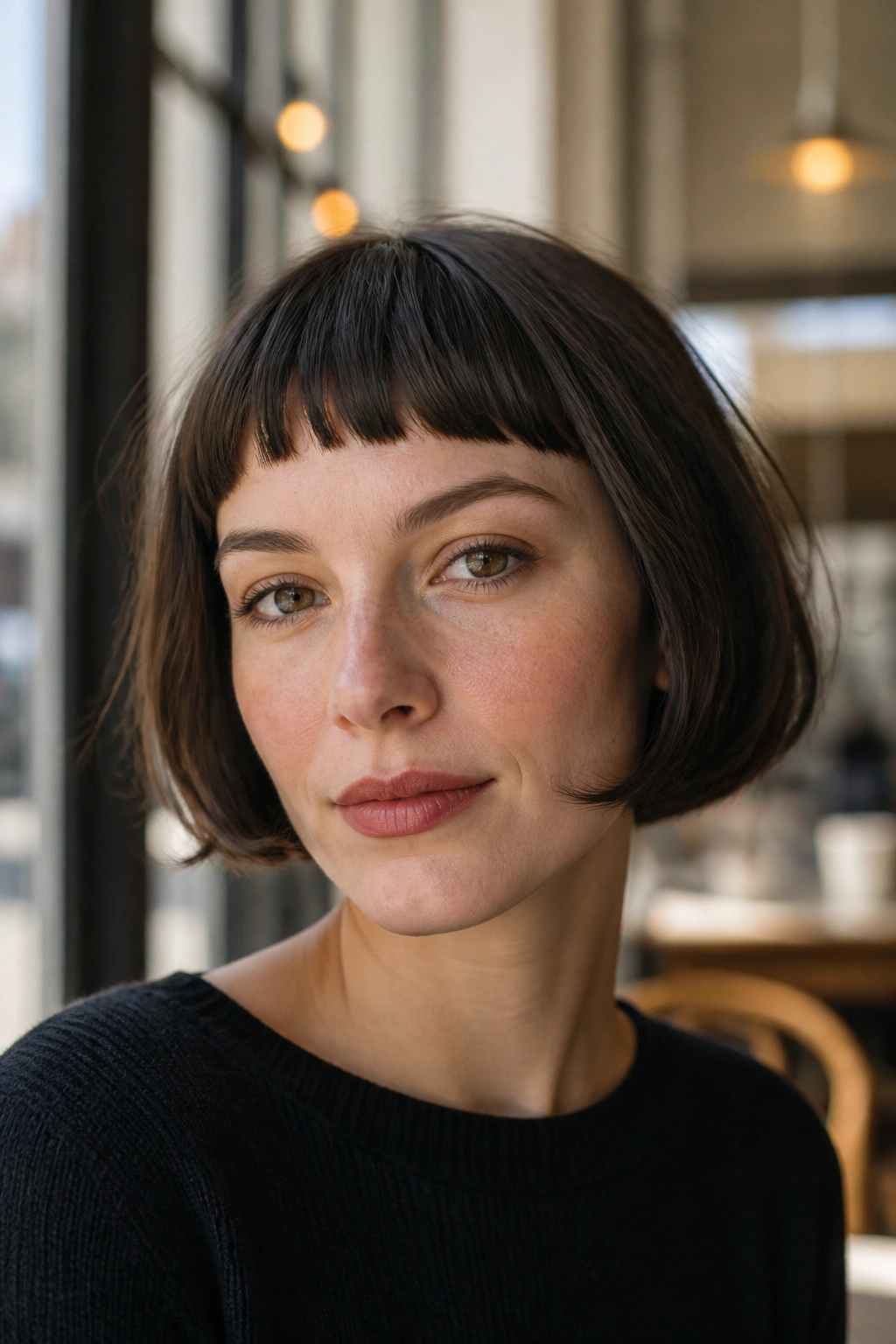 Real woman with a French bob and micro bangs in a bright cafe setting