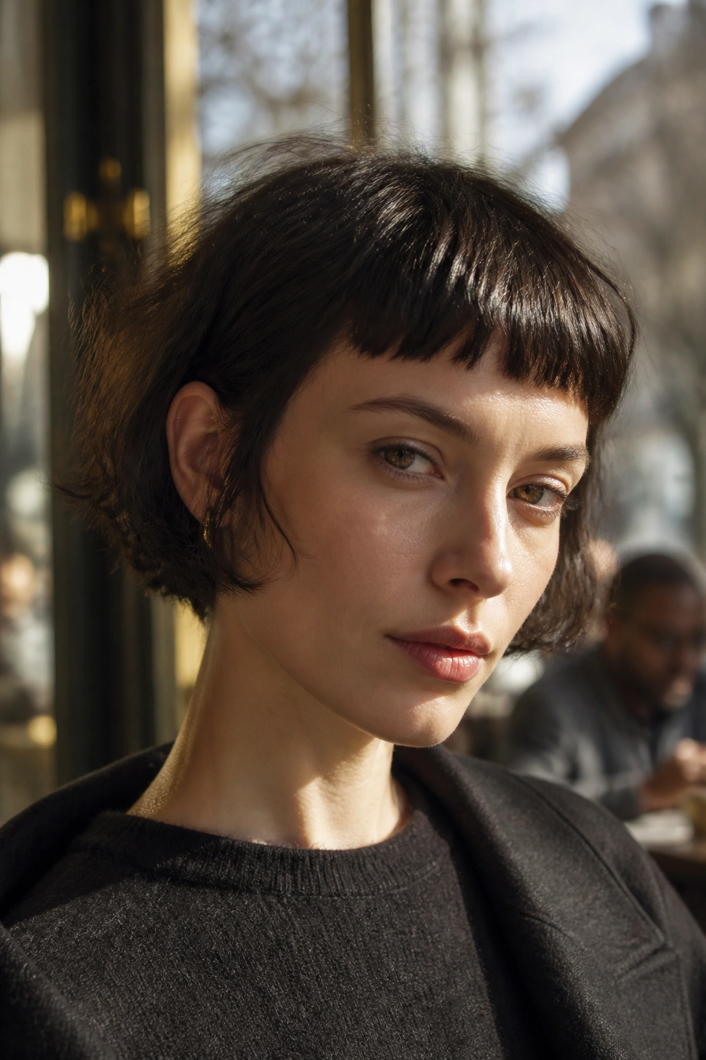 Close-up of a real woman with French bob and micro bangs in natural light