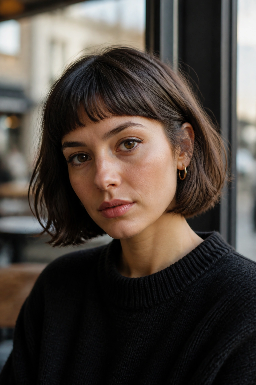 Close-up of a woman with French bob and micro-bangs by cafe window light