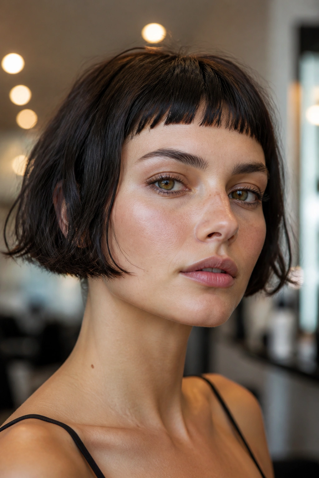 Close-up portrait of a real person with a French bob and micro bangs in a salon setting