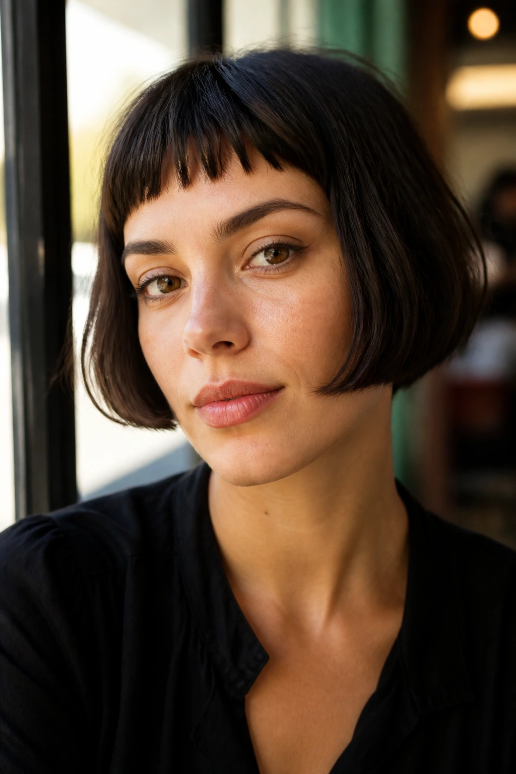 Portrait of a real woman with a French bob and micro bangs in cafe light
