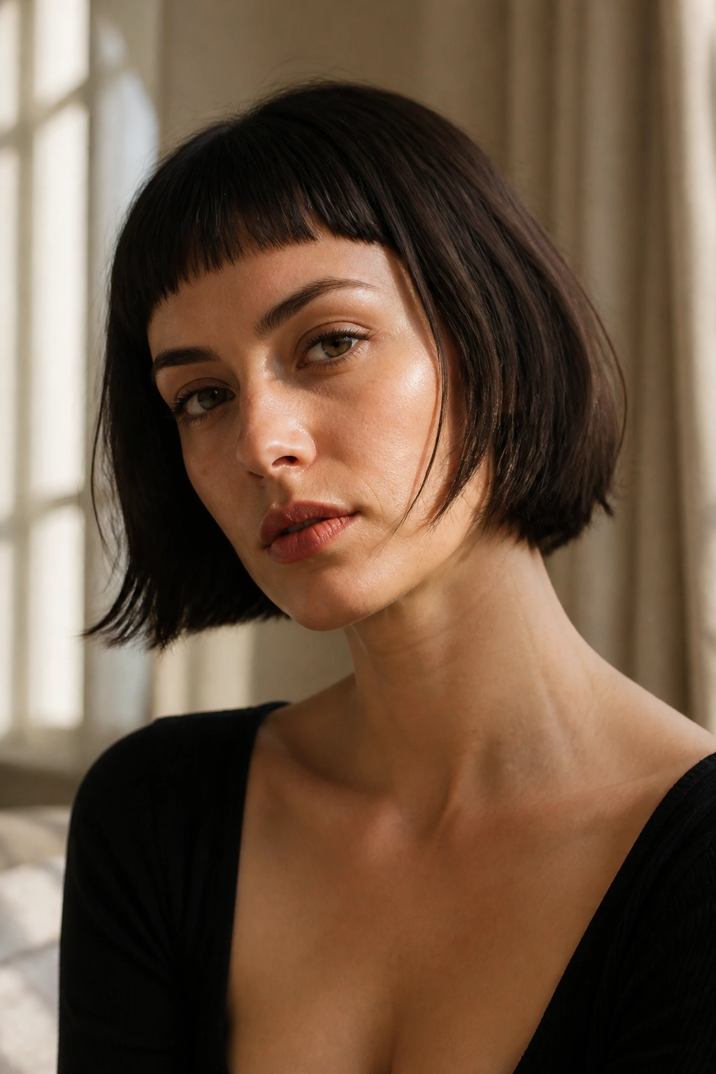 Portrait of a real woman with a French bob and micro fringe in a sunlit room.
