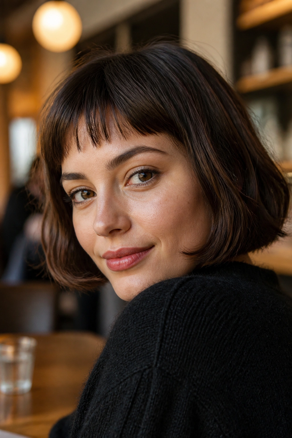 Portrait of a real woman with French bob and soft micro fringe in warm cafe light.