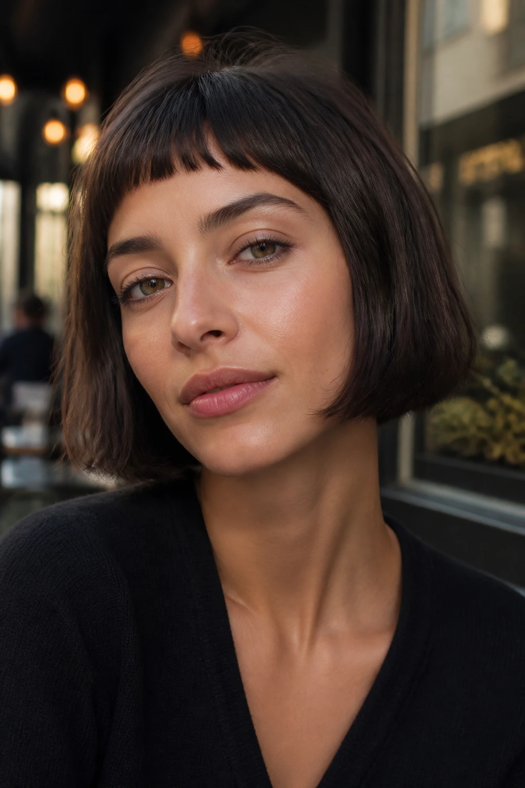 Close-up of real woman in French bob with micro fringe