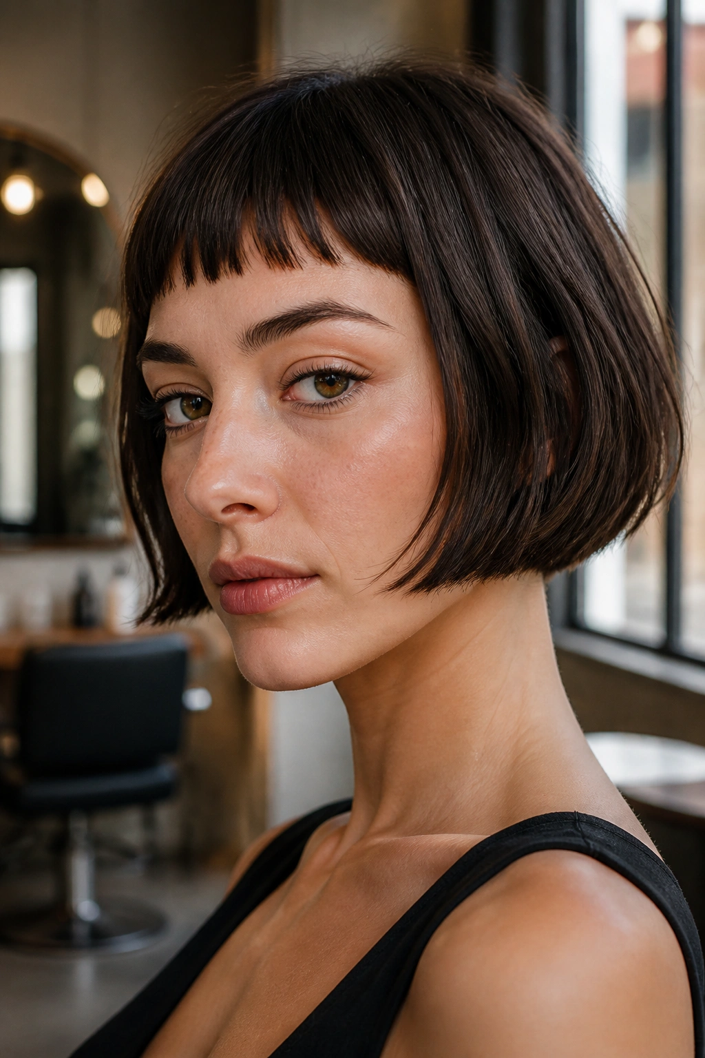 Brunette woman with jaw-length French bob and micro fringe in soft window light