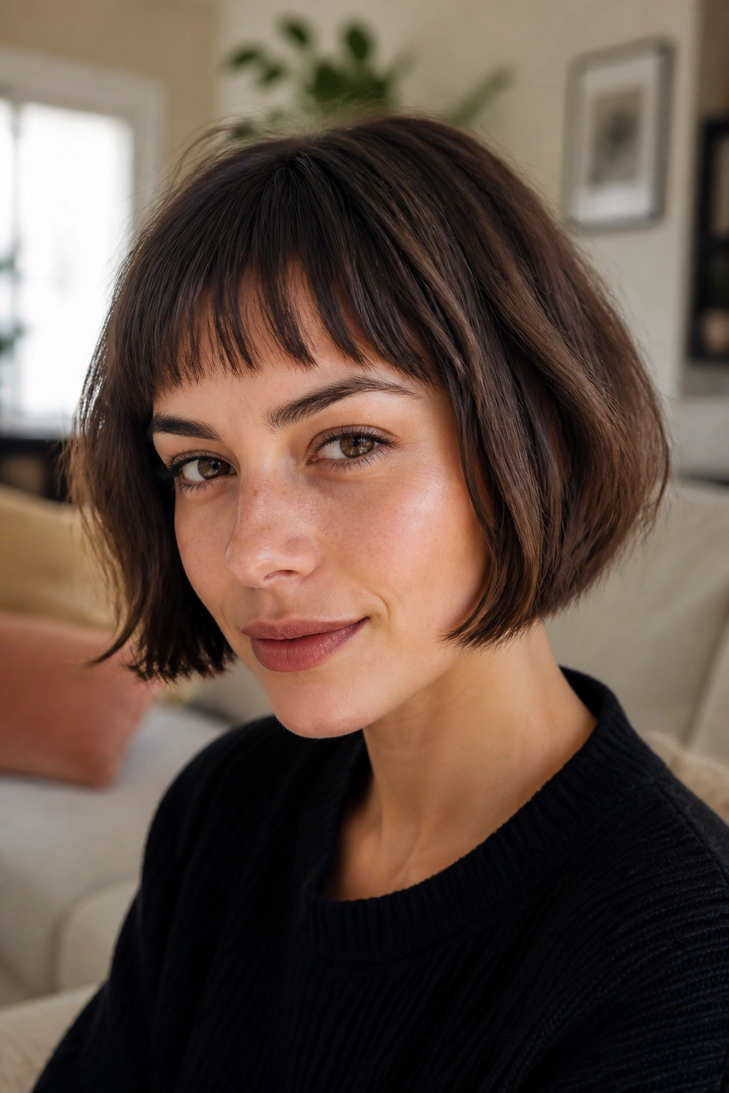 Close-up of a woman with a French bob and micro fringe