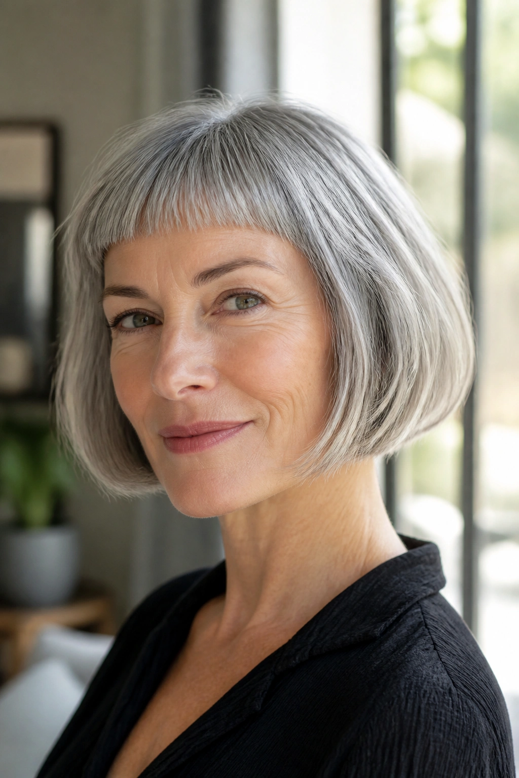 Close-up of a real woman with a French bob and micro fringe.