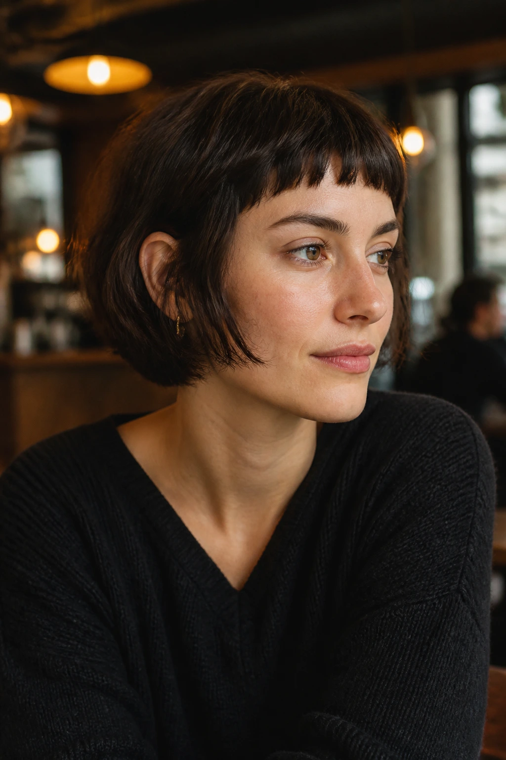 Portrait of a woman with a French bob and micro fringe in cafe light