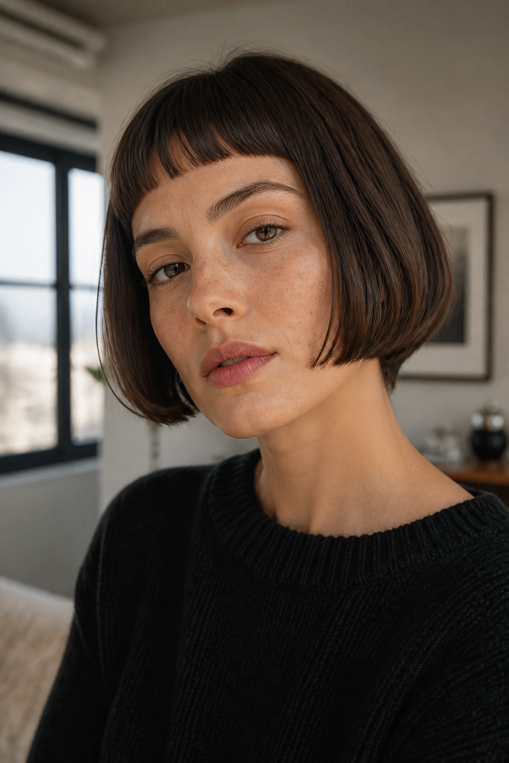 Close-up of a real woman with a French bob and micro fringe in natural light