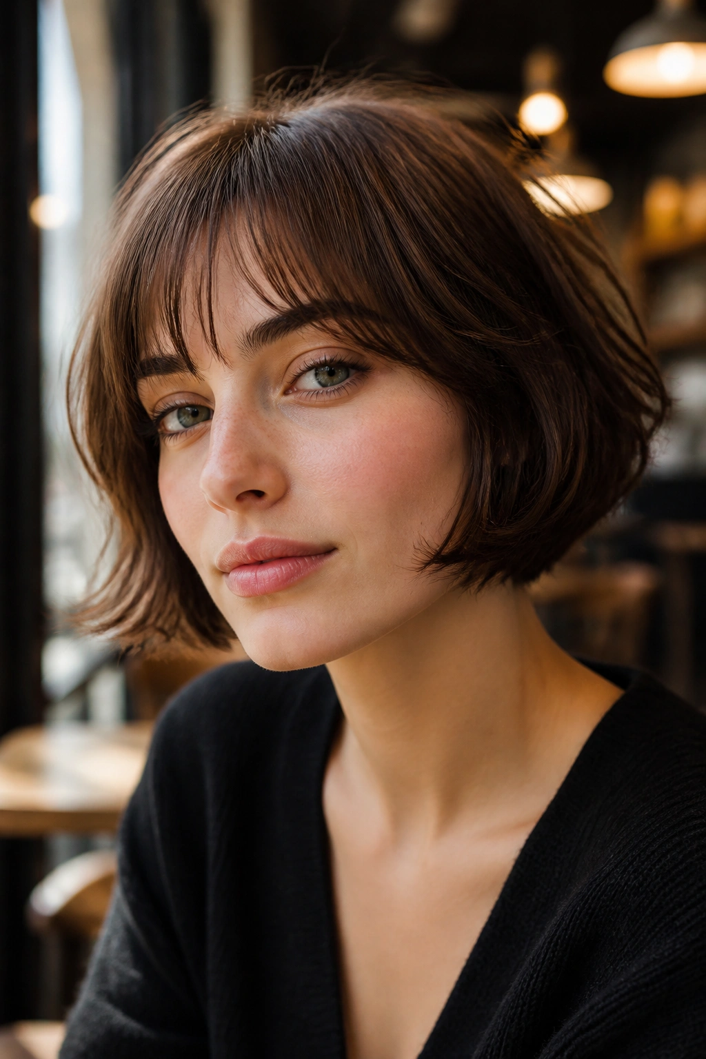 Close-up of a real woman with French bob micro layers and fringe