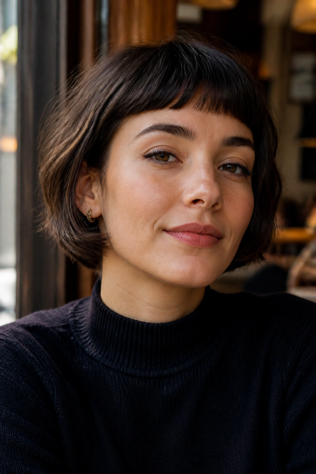 Portrait of a woman with French bob and micro bangs in cafe-like setting