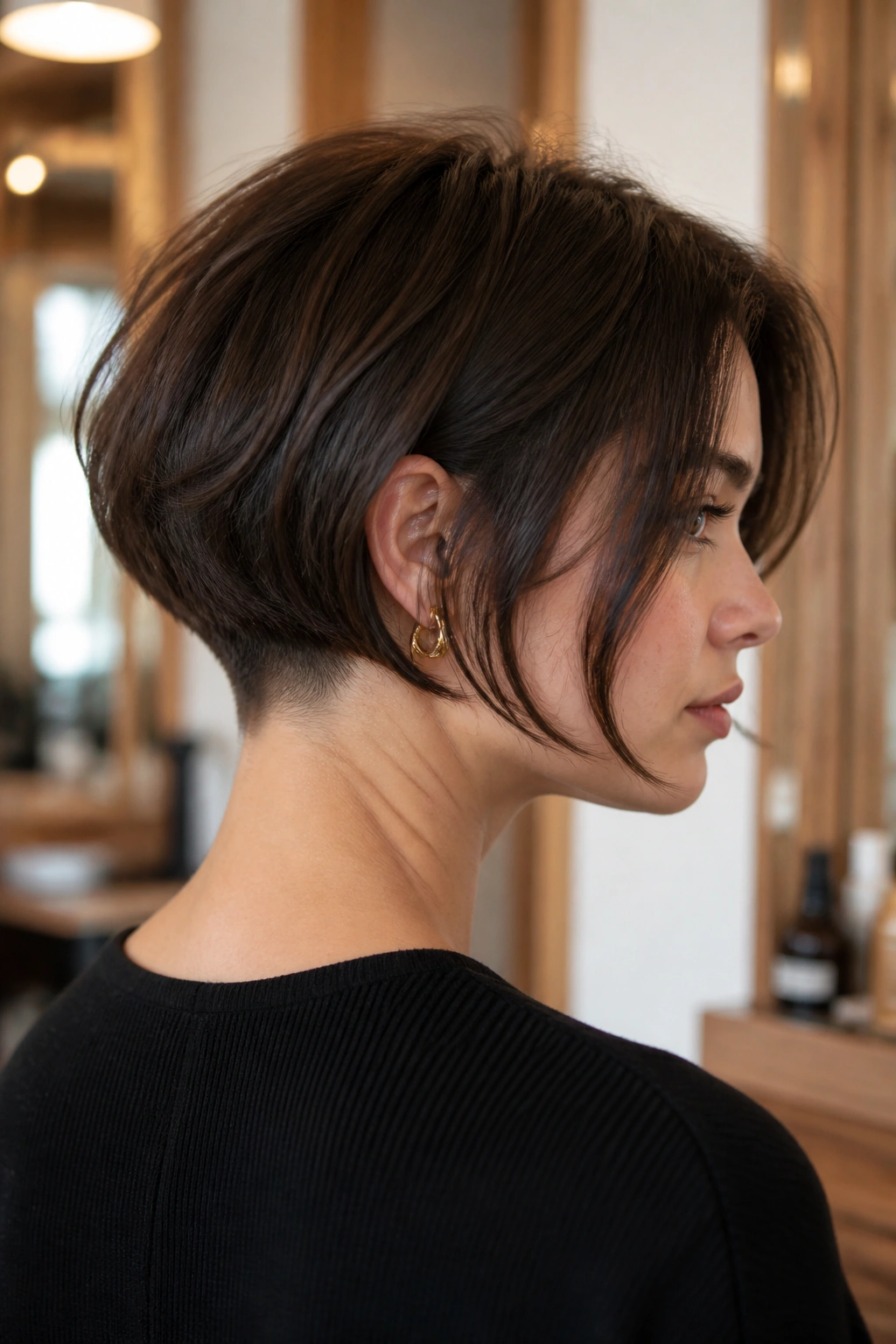Real woman with French bob showing subtle nape undercut