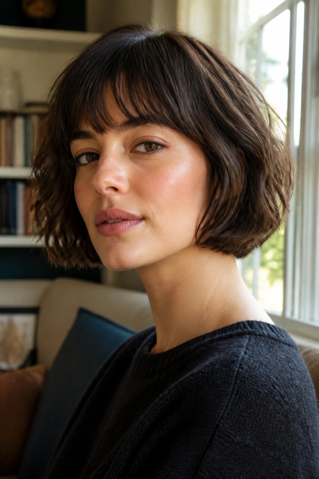 Close-up portrait of a real woman with a French Bob that sits above the neck, soft fringe.