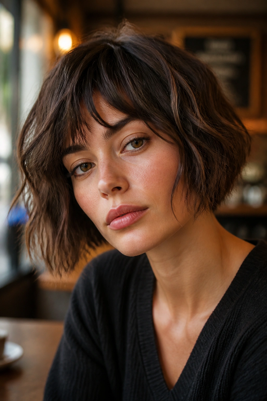 Close-up of real woman with messy French bob and one-side drop in natural cafe light