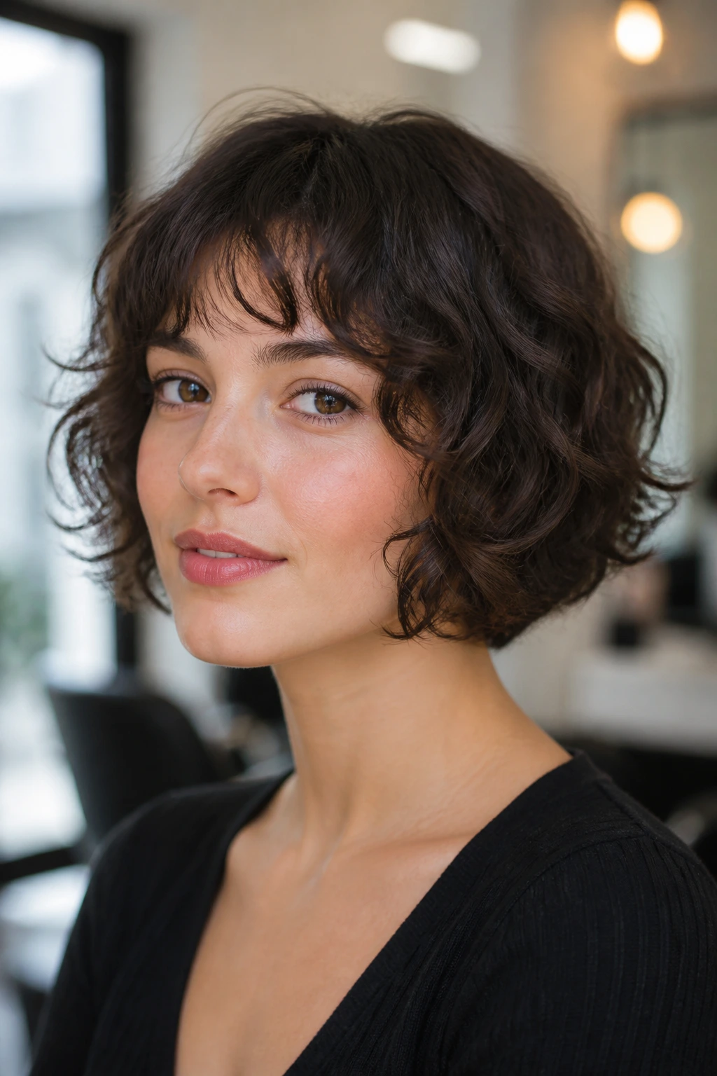 Real person with French bob perm and soft fringe portrait