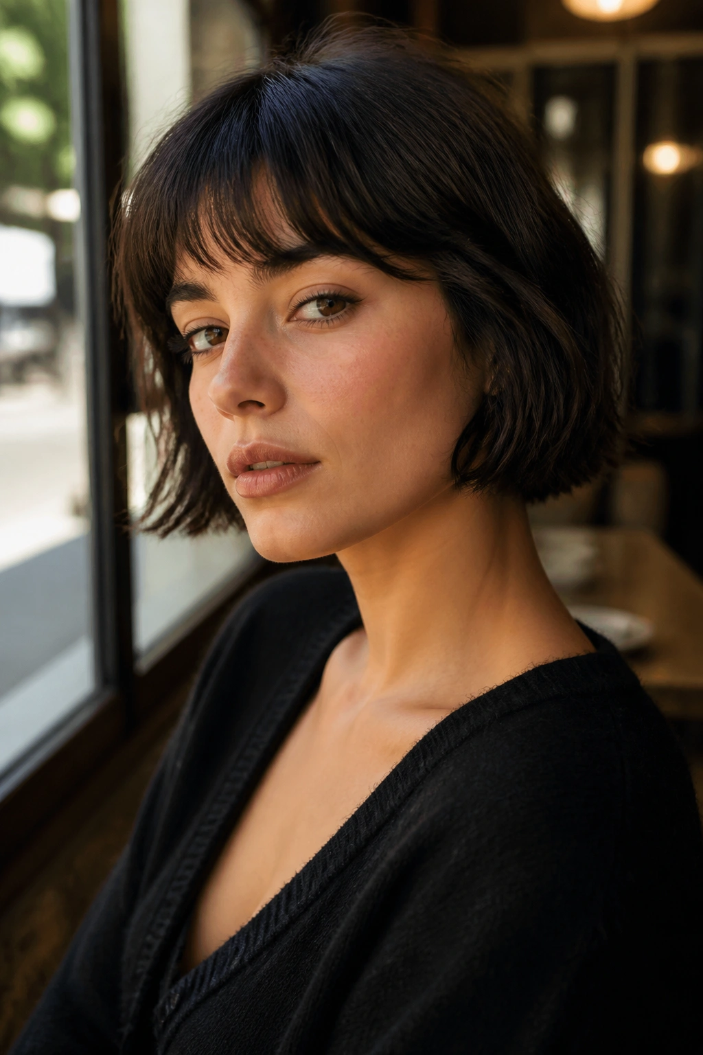 Close-up of a real woman with a cheekbone-length French bob in warm cafe light