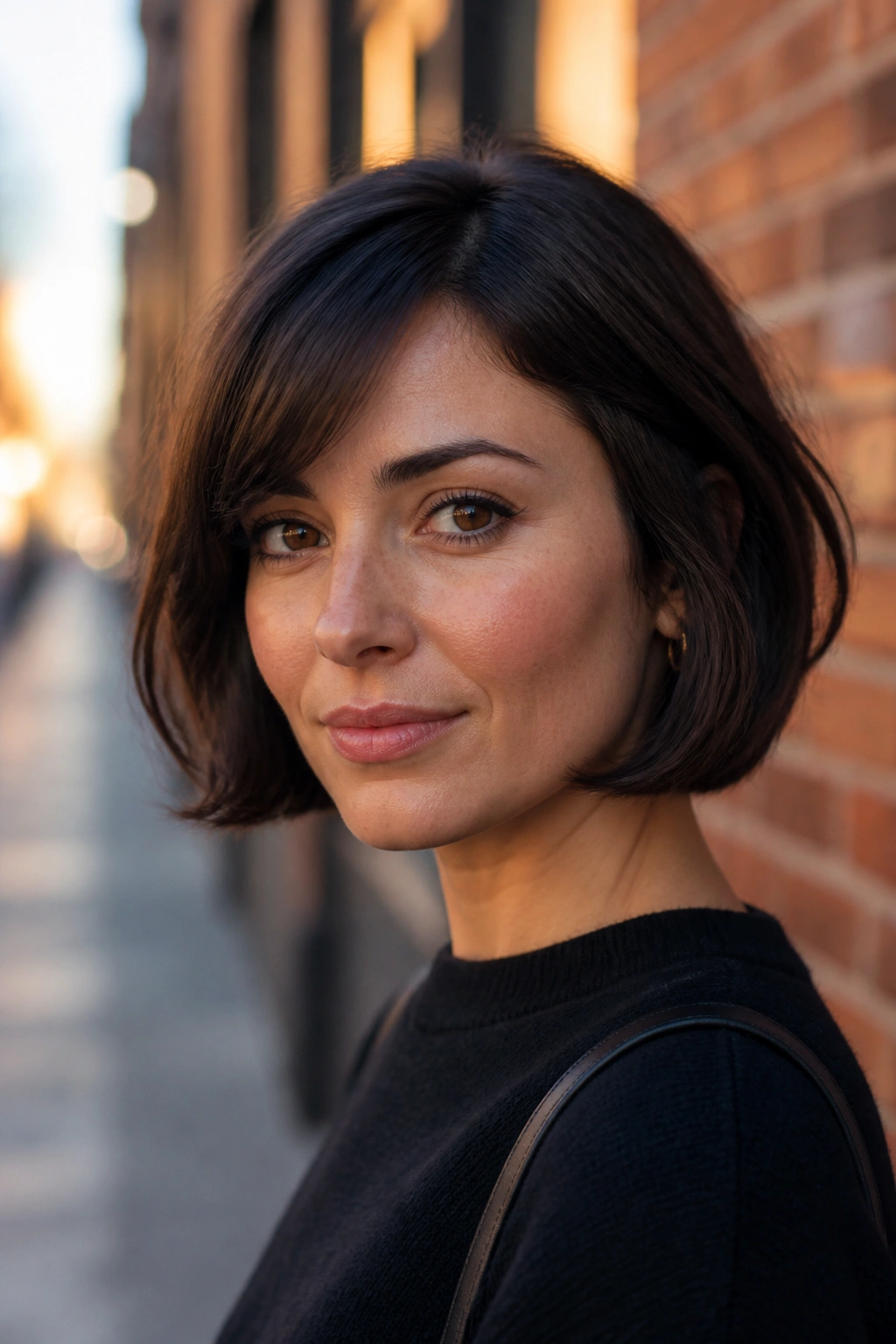 Close-up of woman with chin-length French bob outdoors in warm brick wall setting