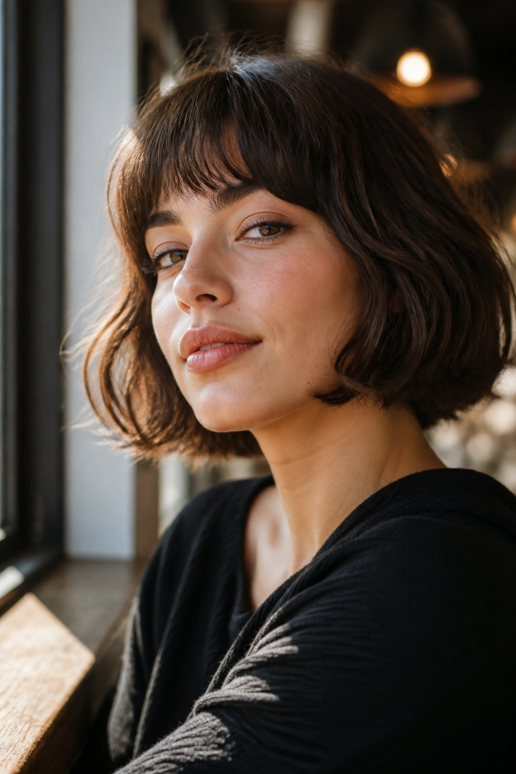 Close-up portrait of a real woman with a short textured French bob and airy fringe