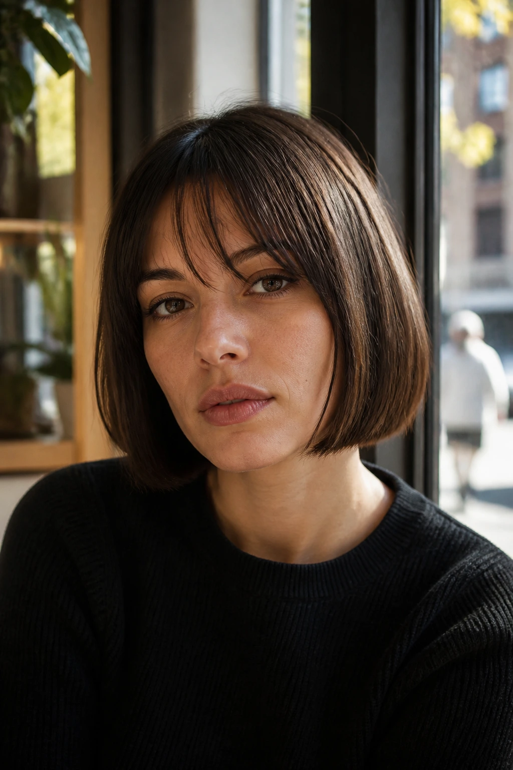 Close-up of a real person with a French bob and a soft fringe framing the jaw