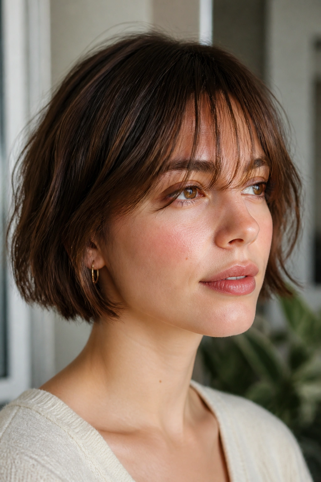 Close-up portrait of a real woman with a French bob and see-through fringe