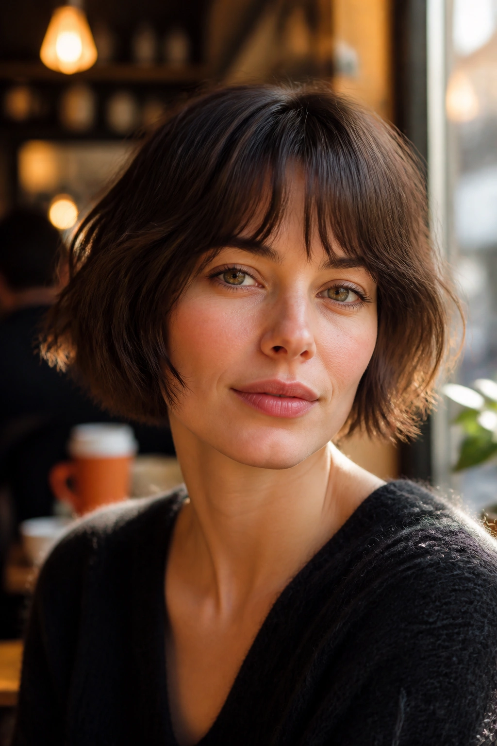 Close-up portrait of a person with French bob-shag and bottleneck bangs