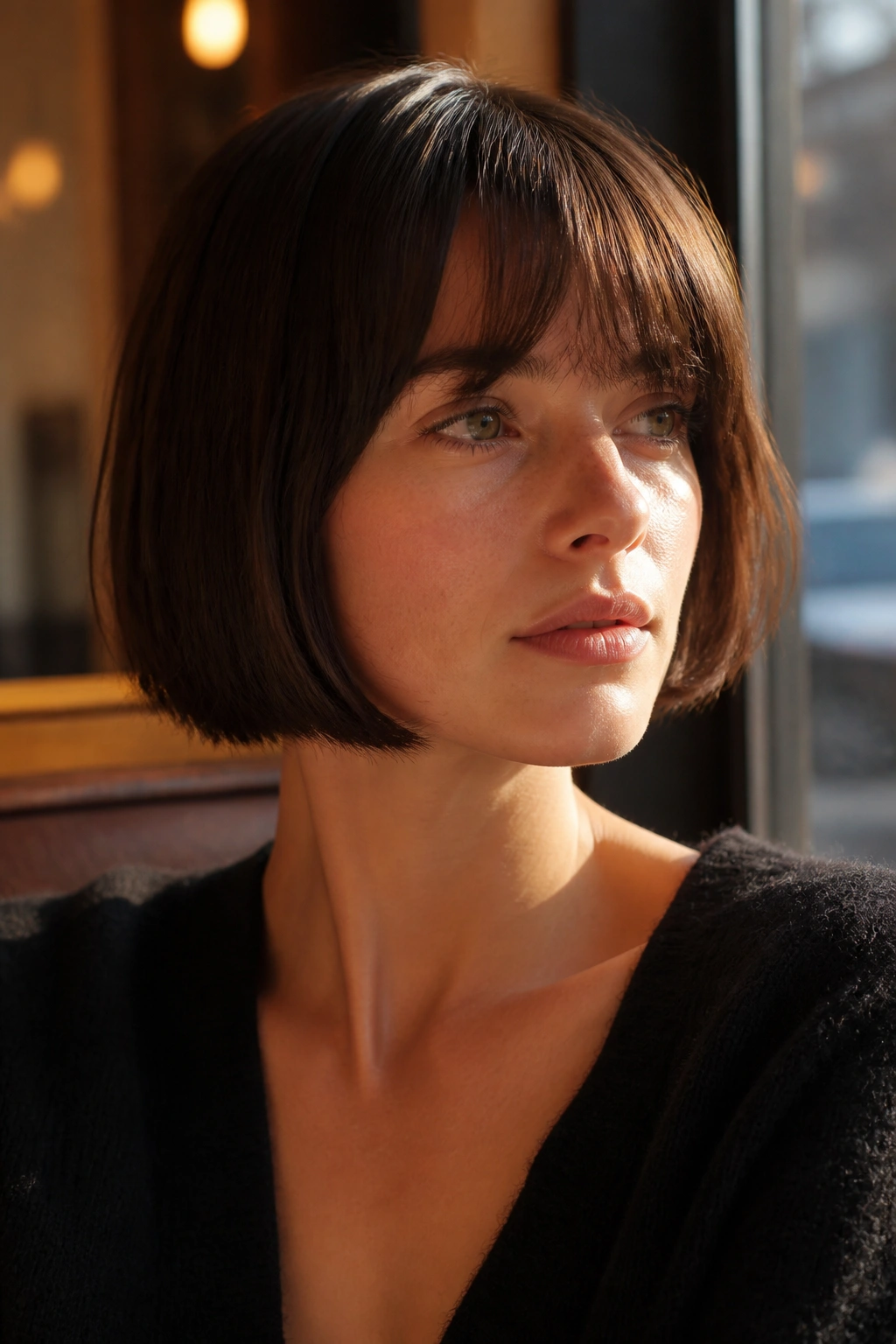 Close-up of a woman with jaw-grazing French bob and sharp ends in cafe light