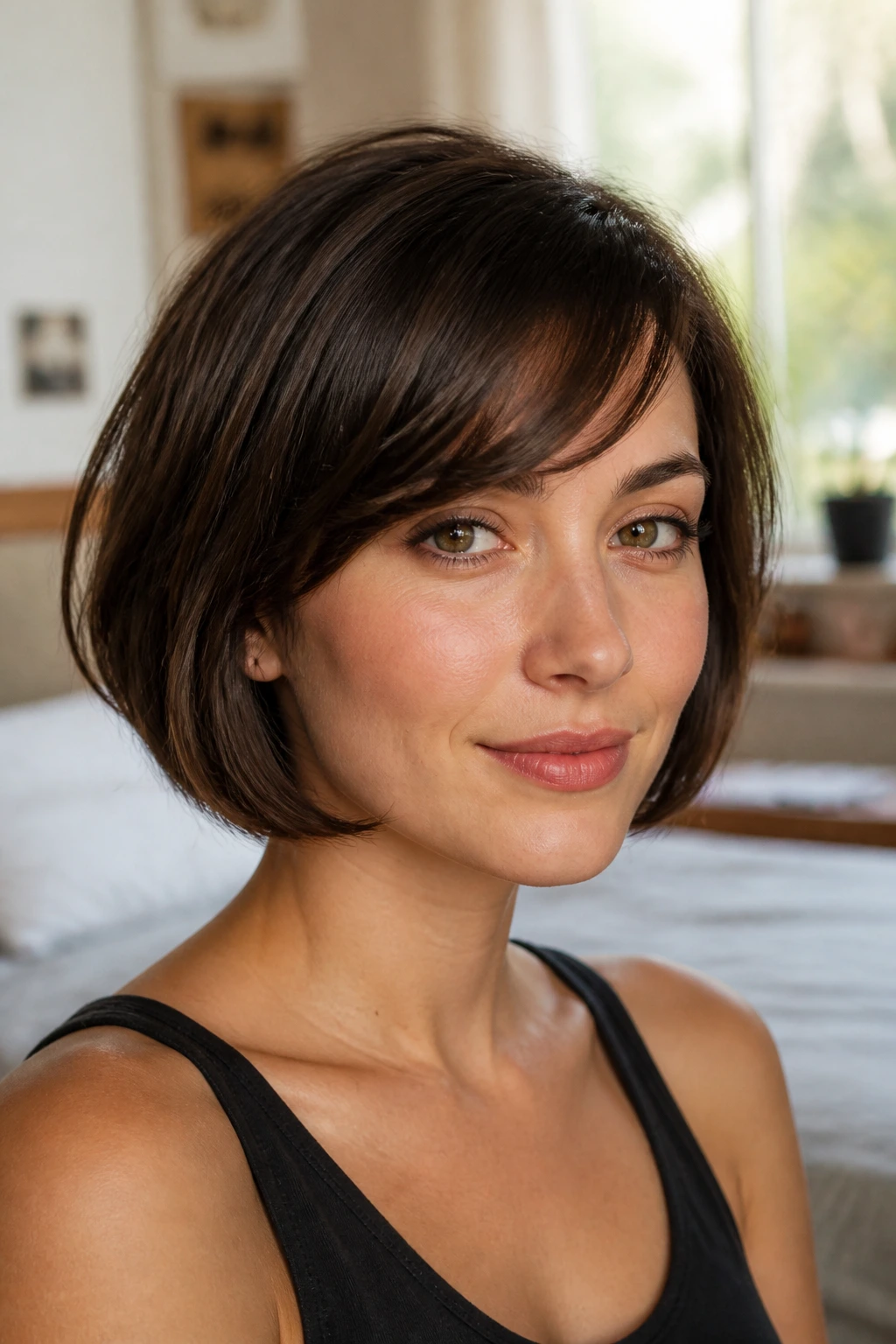 Close-up portrait of a real woman with a French bob and side-swept fringe in soft bedroom light